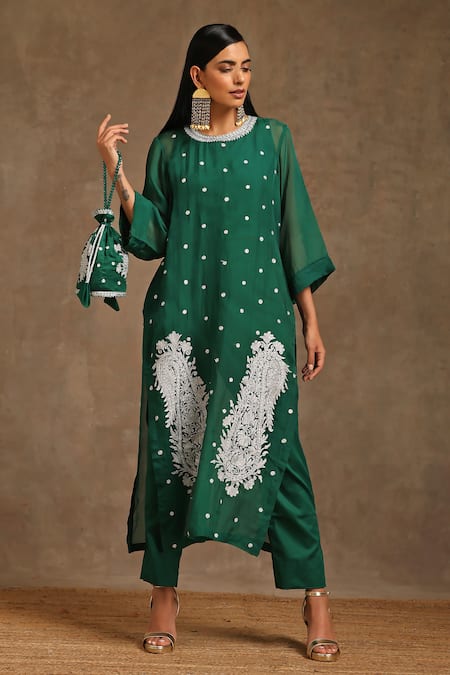 Wazir C Green Cotton, Organza Embroidery Round Neck Kashmiri Tilla Kurta With Pant 