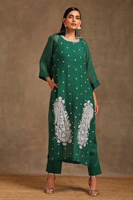 Shop_Wazir C_Green Cotton, Organza Embroidery Round Neck Kashmiri Tilla Kurta With Pant _Online_at_Aza_Fashions