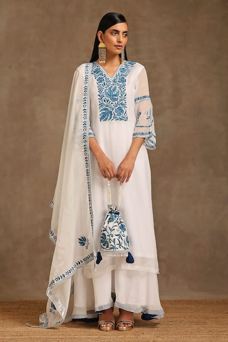 Buy_Wazir C_White Organza, Cotton Embroidery Kashmiri Aari Yoke Kurta Divider Pant Set _Online_at_Aza_Fashions