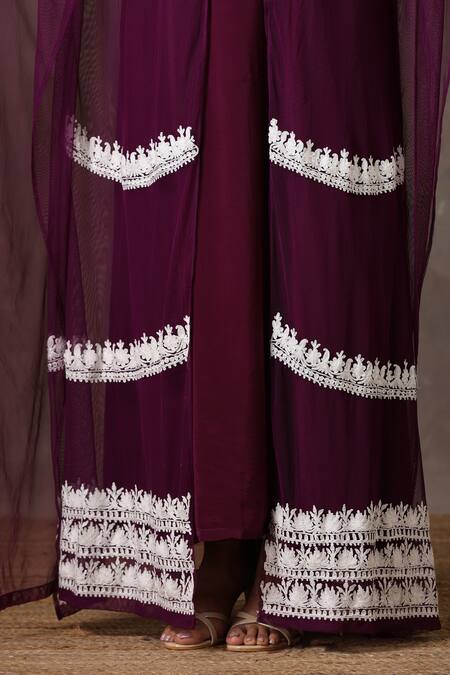 Wazir C_Purple Net, Crepe Embroidery Round Neck Kashmiri Kaftan With Dress _at_Aza_Fashions