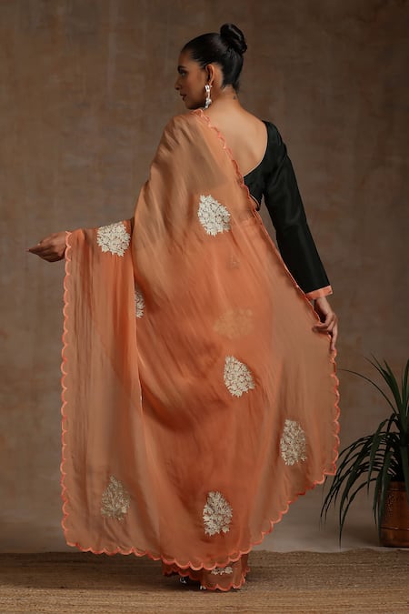 Wazir C Kashmiri Embroidered Orange Saree Set 