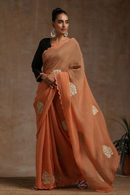 Wazir C_Orange Silk, Organza, Cotton Embroidery Collared Kashmiri Saree Set _Online_at_Aza_Fashions