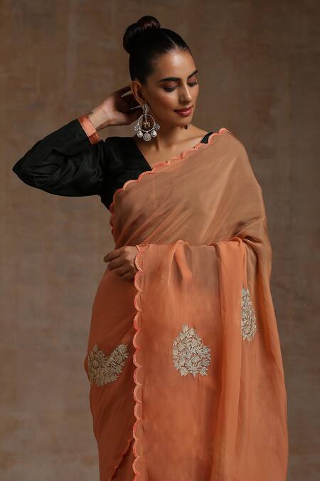 Buy_Wazir C_Orange Silk, Organza, Cotton Embroidery Collared Kashmiri Saree Set _Online_at_Aza_Fashions