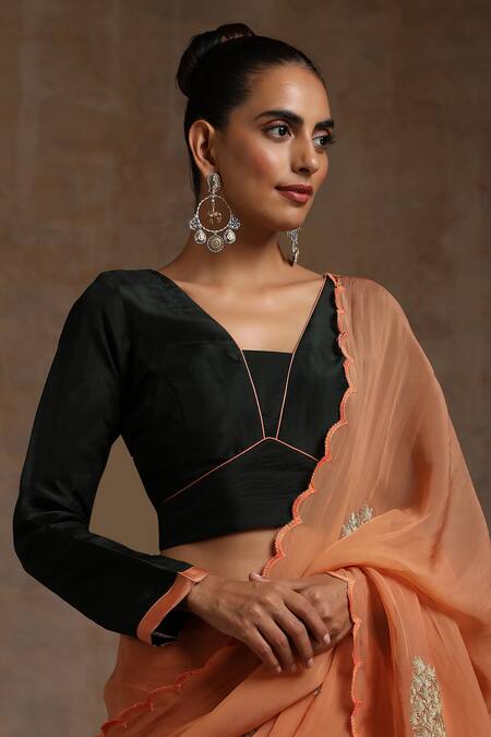 Shop_Wazir C_Orange Silk, Organza, Cotton Embroidery Collared Kashmiri Saree Set _Online_at_Aza_Fashions