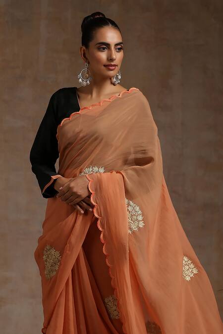 Wazir C_Orange Silk, Organza, Cotton Embroidery Collared Kashmiri Saree Set _at_Aza_Fashions