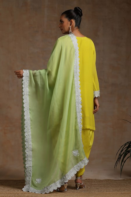 Shop_Wazir C_Yellow Crepe, Organza, Cotton Embroidery Round Kashmiri Kurta Tulip Pant Set _at_Aza_Fashions