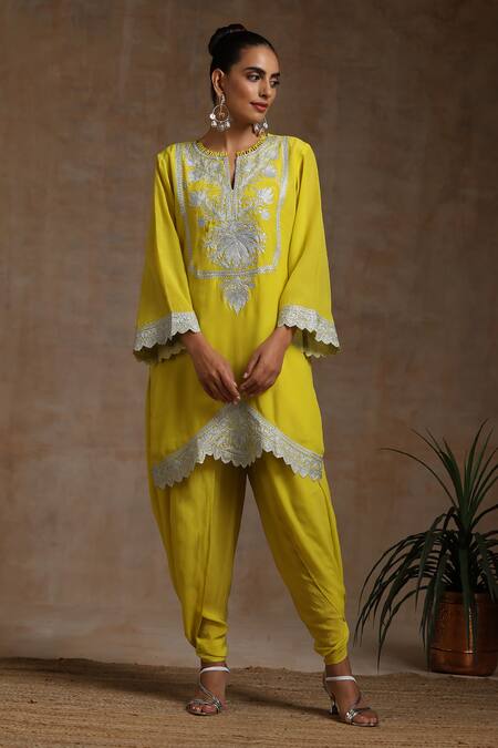 Buy_Wazir C_Yellow Crepe, Organza, Cotton Embroidery Round Kashmiri Kurta Tulip Pant Set _Online_at_Aza_Fashions