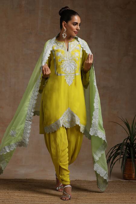Wazir C_Yellow Crepe, Organza, Cotton Embroidery Round Kashmiri Kurta Tulip Pant Set _at_Aza_Fashions