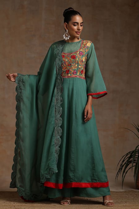 Wazir C Kashmiri Embroidered Bodice Anarkali Flared Pant Set 