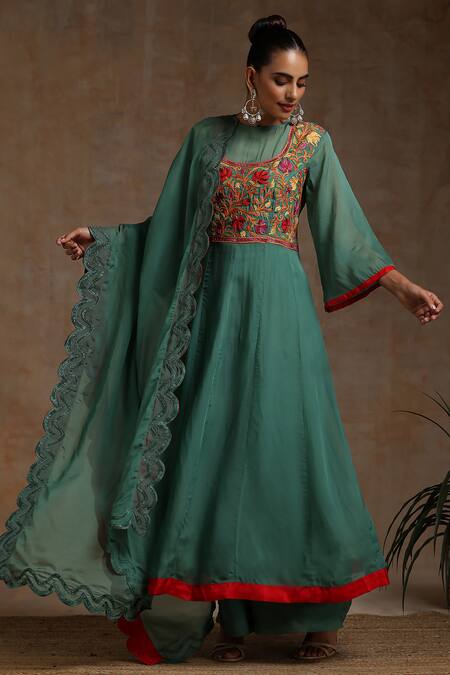 Buy_Wazir C_Green Organza Embroidery Round Neck Kashmiri Bodice Anarkali Flared Pant Set _Online_at_Aza_Fashions