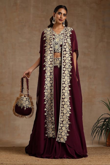 Wazir C Wine Crepe Embroidery Kashmiri V Neck Placement Lehenga Cape Set 