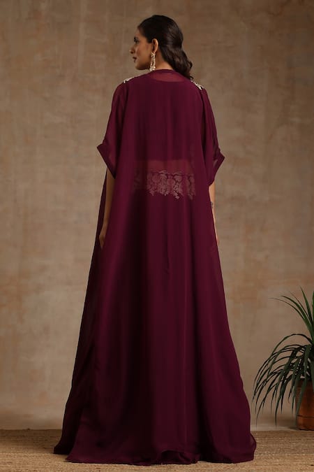Shop_Wazir C_Wine Crepe, Organza, Cotton Embroidery Placement Kashmiri Lehenga Cape Set _at_Aza_Fashions