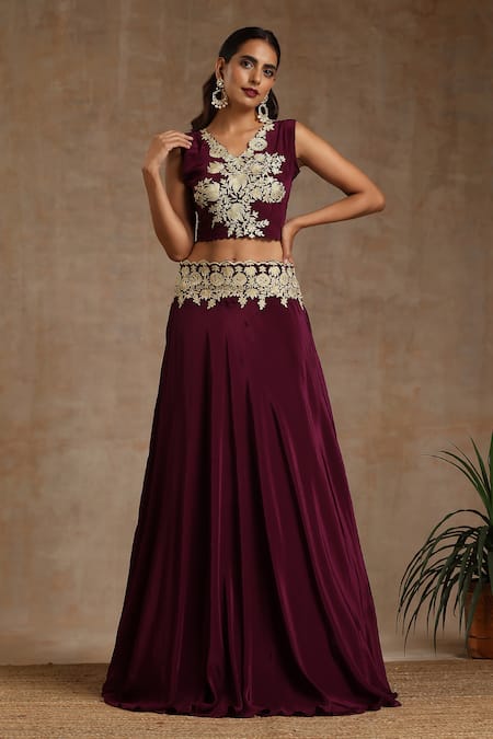 Wazir C_Wine Crepe, Organza, Cotton Embroidery Placement Kashmiri Lehenga Cape Set _Online_at_Aza_Fashions