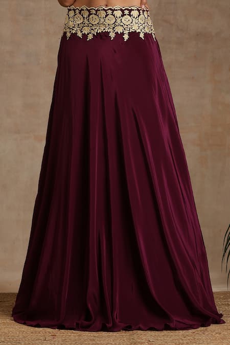 Buy_Wazir C_Wine Crepe, Organza, Cotton Embroidery Placement Kashmiri Lehenga Cape Set _Online_at_Aza_Fashions