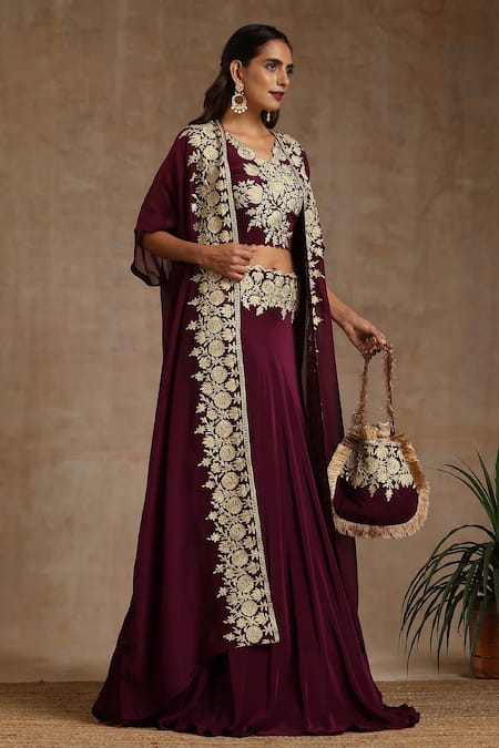 Shop_Wazir C_Wine Crepe, Organza, Cotton Embroidery Placement Kashmiri Lehenga Cape Set _Online_at_Aza_Fashions