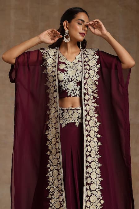 Wazir C_Wine Crepe, Organza, Cotton Embroidery Placement Kashmiri Lehenga Cape Set _at_Aza_Fashions