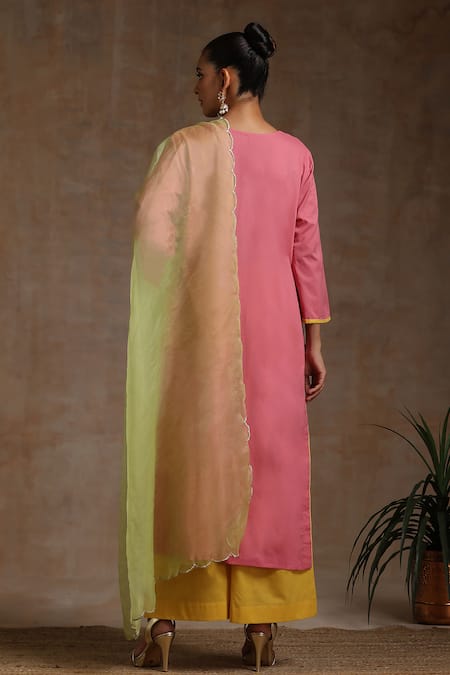 Shop_Wazir C_Pink Cotton, Organza Embroidery Placement Kashmiri Work Kurta Flared Pant Set _at_Aza_Fashions