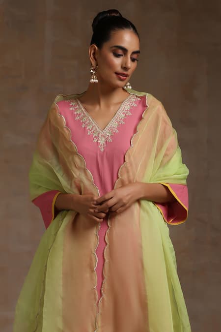 Shop_Wazir C_Pink Cotton, Organza Embroidery Placement Kashmiri Work Kurta Flared Pant Set _Online_at_Aza_Fashions