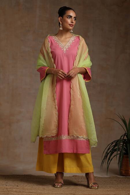 Wazir C_Pink Cotton, Organza Embroidery Placement Kashmiri Work Kurta Flared Pant Set _at_Aza_Fashions