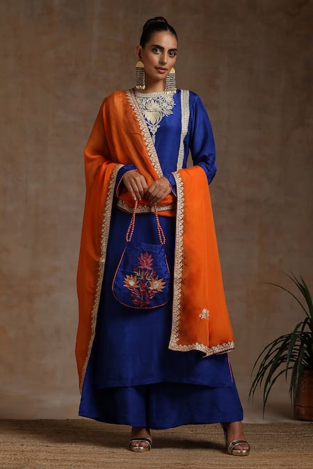 Shop_Wazir C_Blue Silk, Organza, Cotton Embroidery Round Neck Straight Kurta Flared Pant Set _Online_at_Aza_Fashions