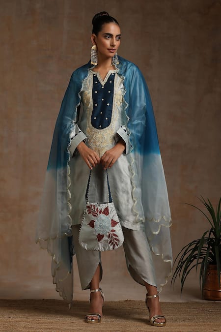 Wazir C Silk Embroidered Kurta Pant Set 