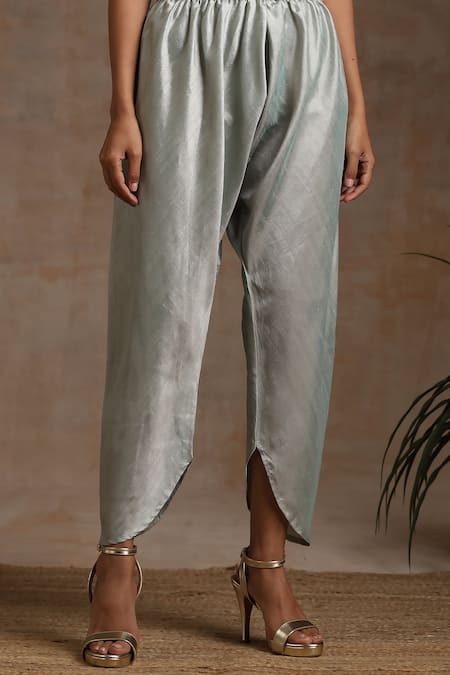 Wazir C_Grey Silk, Organza, Cotton Sequins, Embroidery Round Neck Kurta Pant Set _Online_at_Aza_Fashions