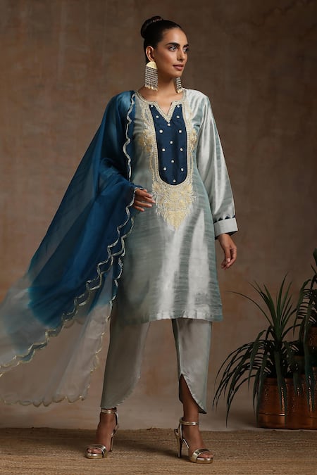 Shop_Wazir C_Grey Silk, Organza, Cotton Sequins, Embroidery Round Neck Kurta Pant Set _Online_at_Aza_Fashions