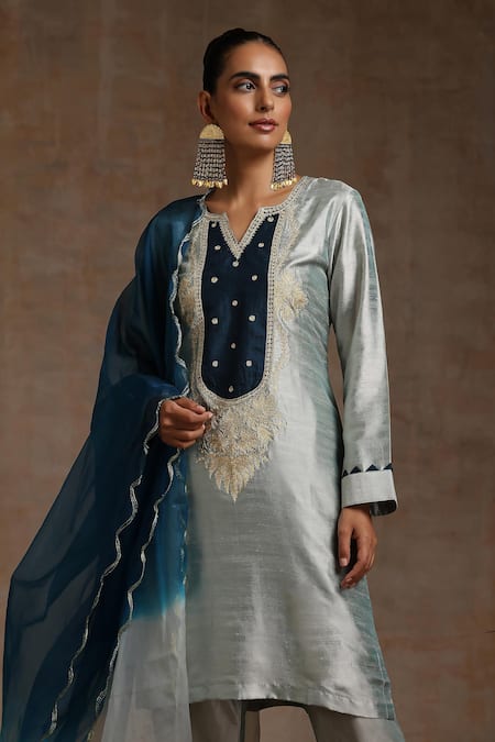 Wazir C_Grey Silk, Organza, Cotton Sequins, Embroidery Round Neck Kurta Pant Set _at_Aza_Fashions