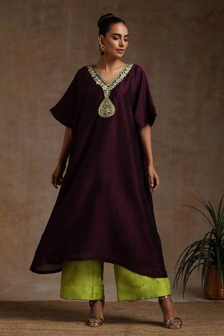 Shop_Wazir C_Wine Silk, Cotton Embroidery V-neck Placement Kashmiri Work Kaftan With Pant_Online_at_Aza_Fashions