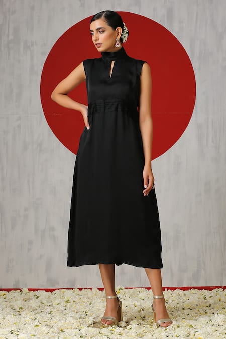 Wazir C_Black Silk, Velvet Embroidery Turtle Neck, Collared Dress With Jacket _Online_at_Aza_Fashions