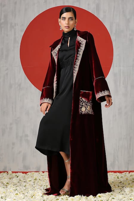 Shop_Wazir C_Black Silk, Velvet Embroidery Turtle Neck, Collared Dress With Jacket _Online_at_Aza_Fashions