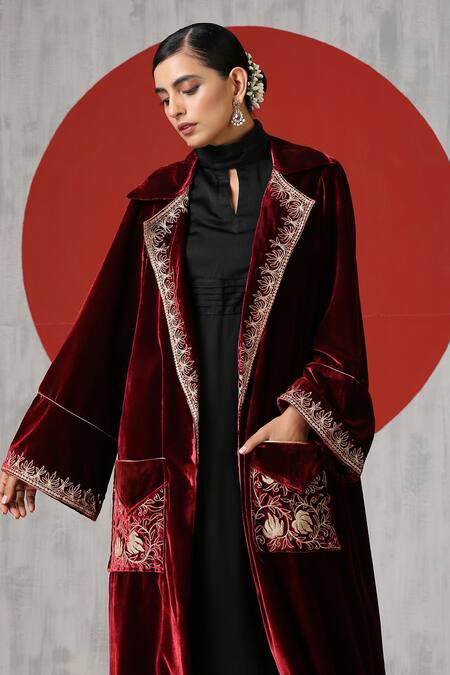 Wazir C_Black Silk, Velvet Embroidery Turtle Neck, Collared Dress With Jacket _at_Aza_Fashions