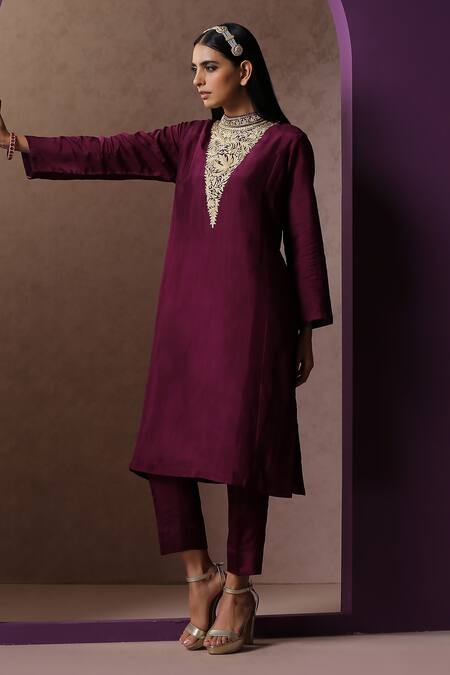 Shop_Wazir C_Maroon Silk, Cotton Embroidery Round Neck Yoke Kurta And Pant Set _Online_at_Aza_Fashions