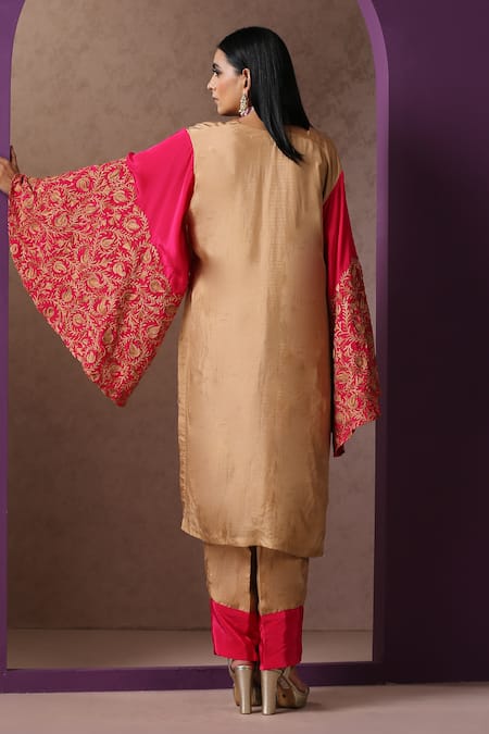 Shop_Wazir C_Beige Silk, Crepe, Cotton Embroidery V-neck Bell Sleeve Kurta And Pant Set _at_Aza_Fashions