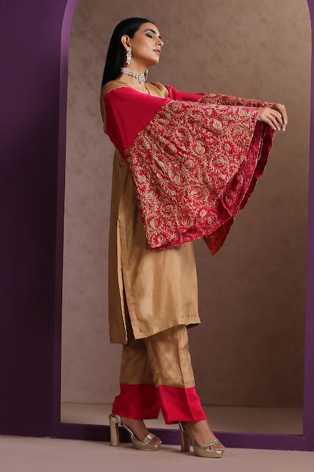 Buy_Wazir C_Beige Silk, Crepe, Cotton Embroidery V-neck Bell Sleeve Kurta And Pant Set _Online_at_Aza_Fashions