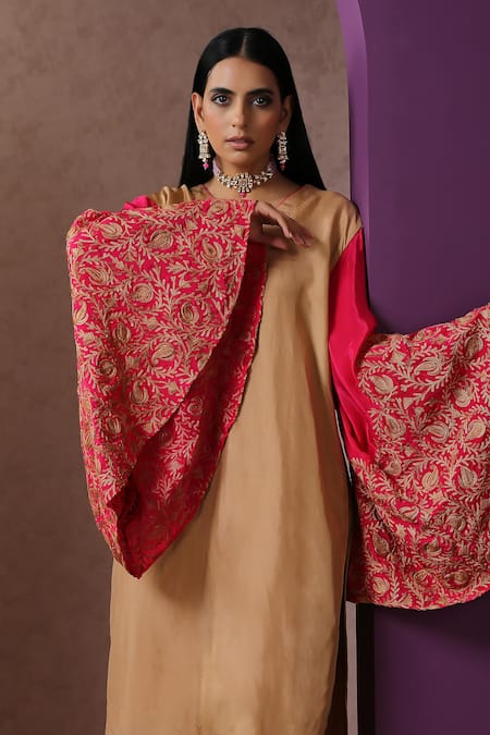 Shop_Wazir C_Beige Silk, Crepe, Cotton Embroidery V-neck Bell Sleeve Kurta And Pant Set _Online_at_Aza_Fashions