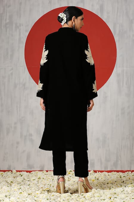 Shop_Wazir C_Black Velvet Tassels, Embroidery Turtle Neck Placement Kurta And Pant Set _at_Aza_Fashions