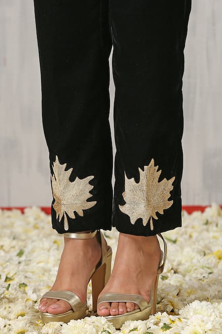 Wazir C_Black Velvet Tassels, Embroidery Turtle Neck Placement Kurta And Pant Set _Online_at_Aza_Fashions