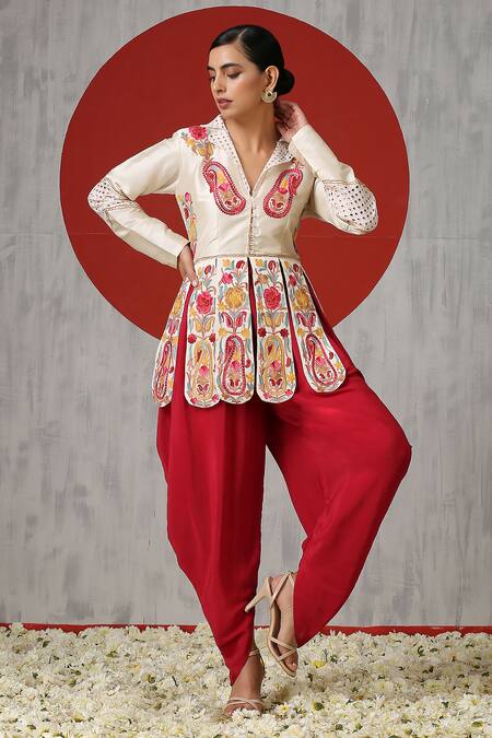 Buy_Wazir C_Off White Silk, Crepe, Cotton Embroidery Kashmiri Aari Jacket And Tulip Pant Set _Online_at_Aza_Fashions