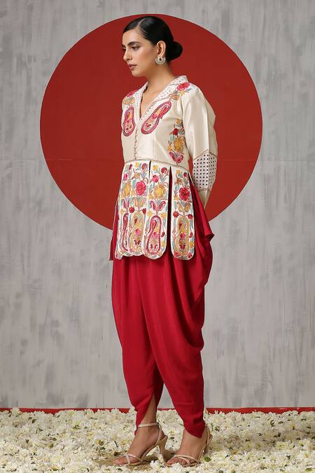 Shop_Wazir C_Off White Silk, Crepe, Cotton Embroidery Kashmiri Aari Jacket And Tulip Pant Set _Online_at_Aza_Fashions