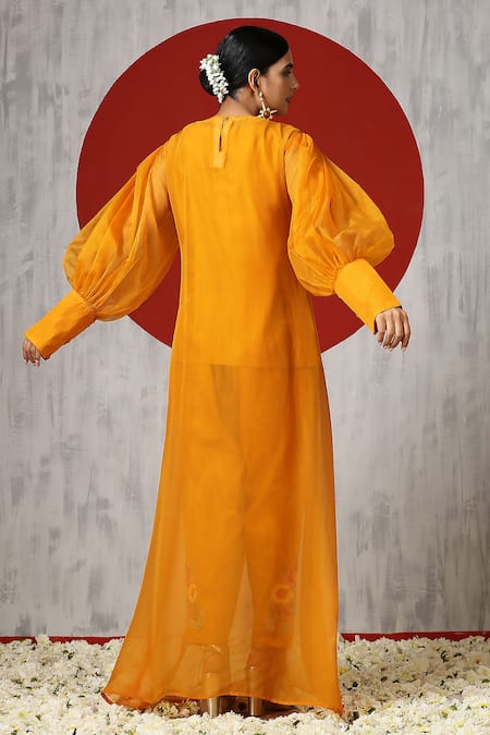 Shop_Wazir C_Yellow Cotton, Organza Embroidery Round Neck Cape Pant Set _at_Aza_Fashions