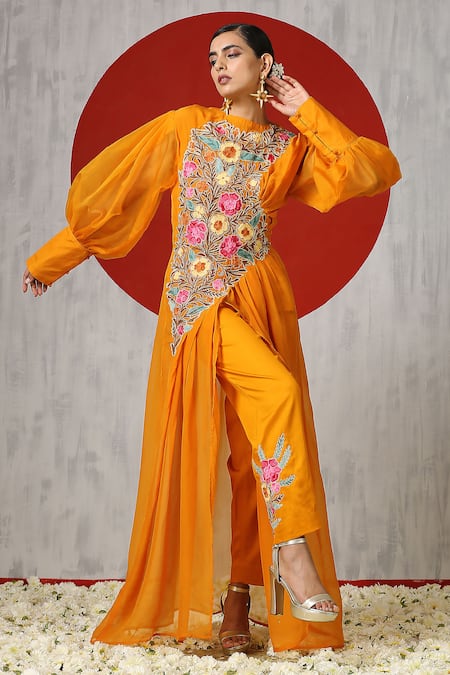 Wazir C_Yellow Cotton, Organza Embroidery Round Neck Cape Pant Set _Online_at_Aza_Fashions