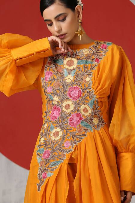 Buy_Wazir C_Yellow Cotton, Organza Embroidery Round Neck Cape Pant Set _Online_at_Aza_Fashions