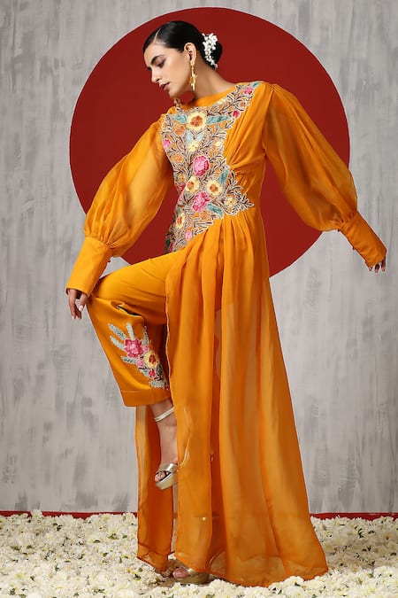Shop_Wazir C_Yellow Cotton, Organza Embroidery Round Neck Cape Pant Set _Online_at_Aza_Fashions