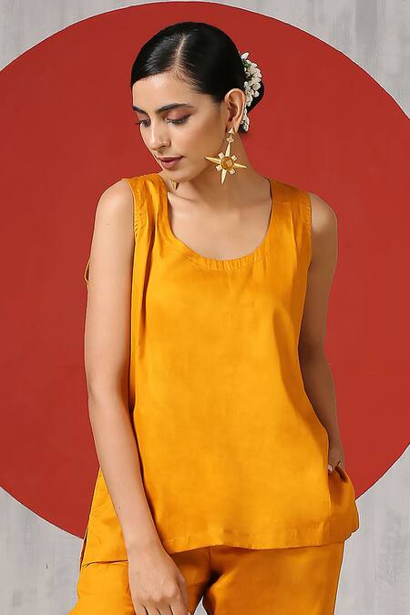 Shop_Wazir C_Yellow Cotton, Organza Embroidery Round Neck Cape Pant Set 