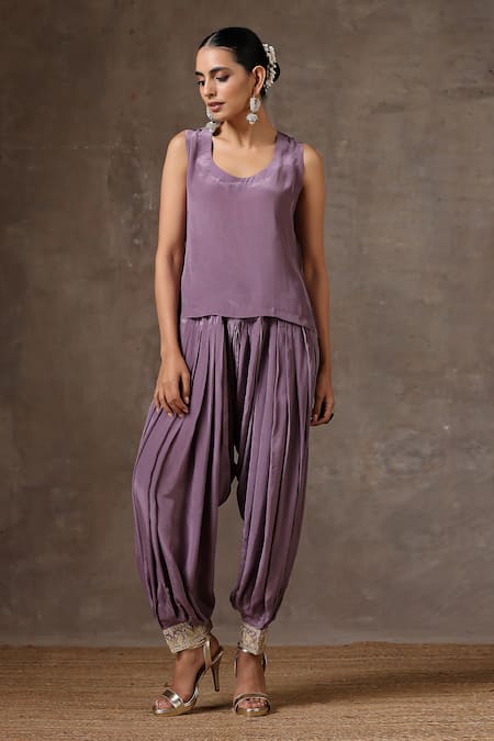 Wazir C_Purple Organza, Crepe Embroidery Round Neck Neckline Cape Pant Set _Online_at_Aza_Fashions