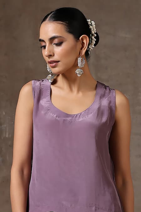 Buy_Wazir C_Purple Organza, Crepe Embroidery Round Neck Neckline Cape Pant Set _Online_at_Aza_Fashions
