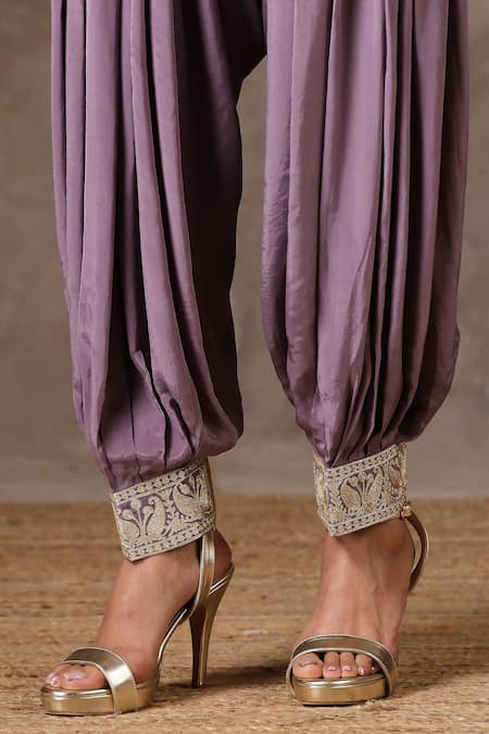 Shop_Wazir C_Purple Organza, Crepe Embroidery Round Neck Neckline Cape Pant Set _Online_at_Aza_Fashions