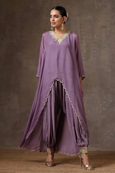 Wazir C_Purple Organza, Crepe Embroidery Round Neck Neckline Cape Pant Set _at_Aza_Fashions