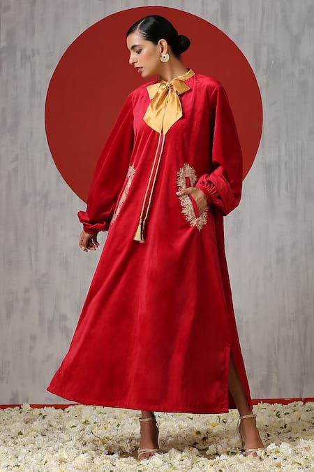 Wazir C_Red Velvet Embroidery Mandarin Collar Placement Dress _Online_at_Aza_Fashions
